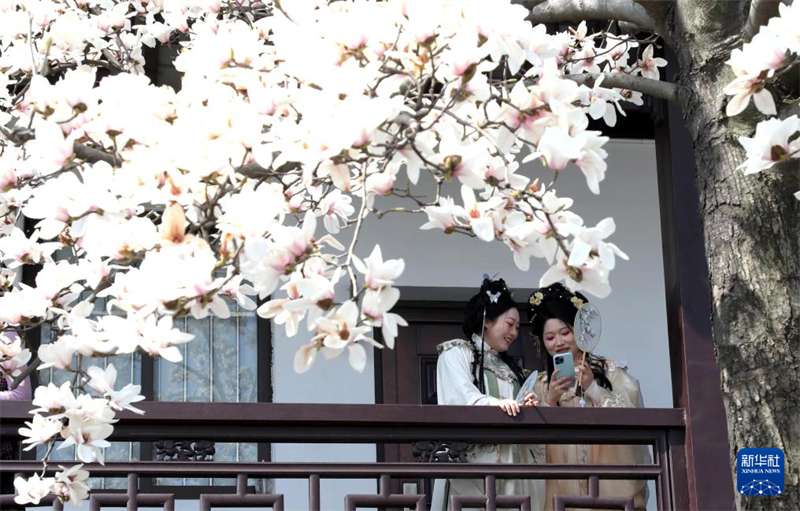 Τουρίστες θαυμάζουν λουλούδια στην Σκηνική Περιοχή Σιζιλίν της πόλης Σουτζόου στην επαρχία Τζιανγκσού, στις 13 Μαρτίου. (Φωτογραφία / Xinhua)