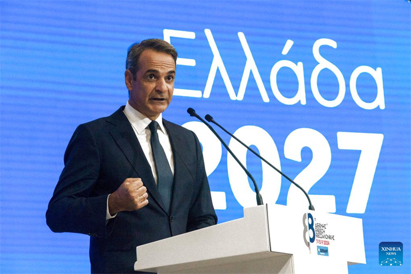 Ο πρωθυπουργός Κυριάκος Μητσοτάκης απευθύνει χαιρετισμό στα εγκαίνια της 88ης Διεθνούς Έκθεσης Θεσσαλονίκης, στη Θεσσαλονίκη, στις 7 Σεπτεμβρίου. (Φωτογραφία / Xinhua)