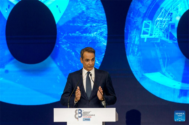 Ο πρωθυπουργός Κυριάκος Μητσοτάκης απευθύνει χαιρετισμό στα εγκαίνια της 88ης Διεθνούς Έκθεσης Θεσσαλονίκης, στη Θεσσαλονίκη, στις 7 Σεπτεμβρίου. (Φωτογραφία / Xinhua)