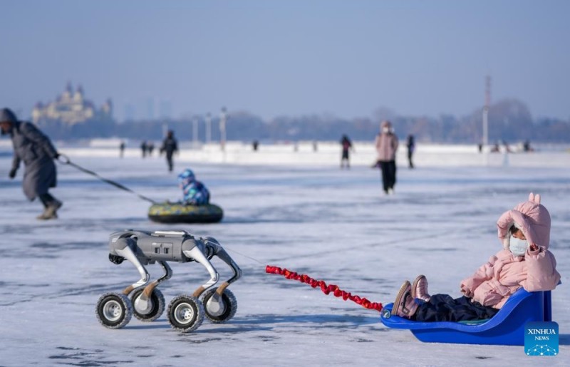 Ο παγωμένος ποταμός Σονγκχουά στην Χαρμπίν προσελκύει πλήθη ανθρώπων για να διασκεδάσουν με θέμα τον πάγο και το χιόνι